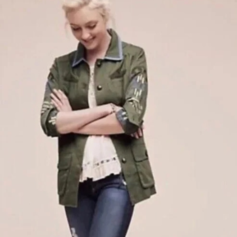 Anthropologie Hei Hei Olive Utility Jacket with Embroidered Accents
